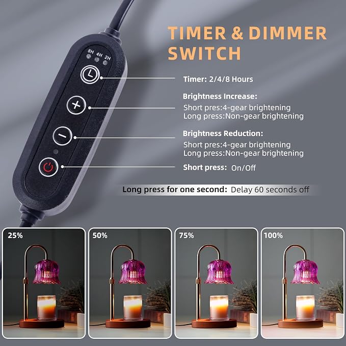 Candle Warmer Lamp with Timer: Dimmable Candle Warmer Lamps Height Adjustable Purple Flower Candle Lights