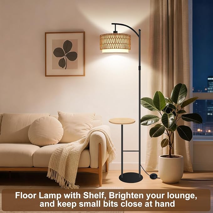 Vinaco Rattan Boho Floor Lamp with Table, Dimmable Remote & Foot Switch