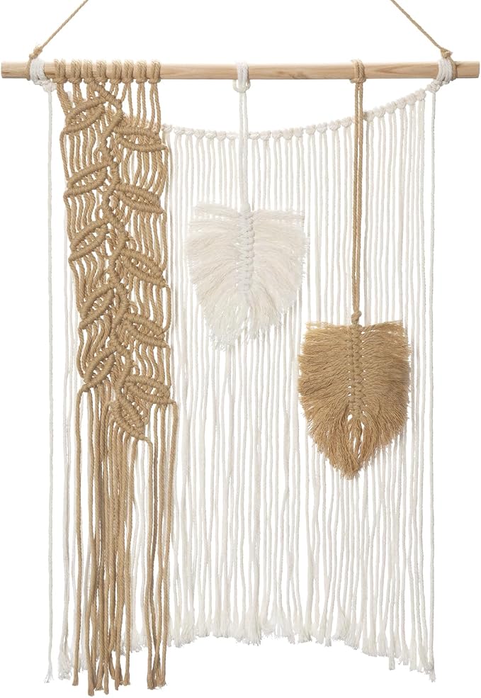 Briful Macrame Wall Hanging with Woven Feather Leaves 15.94" x 21.26"