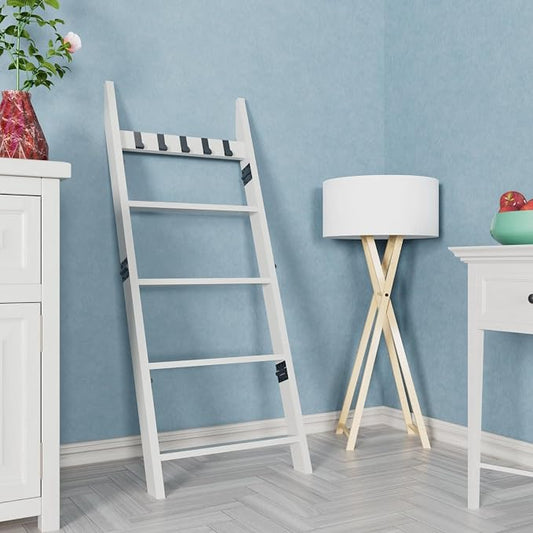 Wooden Blanket Ladder for Living Room 5-Tier, Decorative Ladder Blanket Rack & Quilt Ladder Decor with Removable Hooks, Farmhouse Wood Ladder, Anti-Slip Sturdy Blanket Holder, 5.2Ft, White