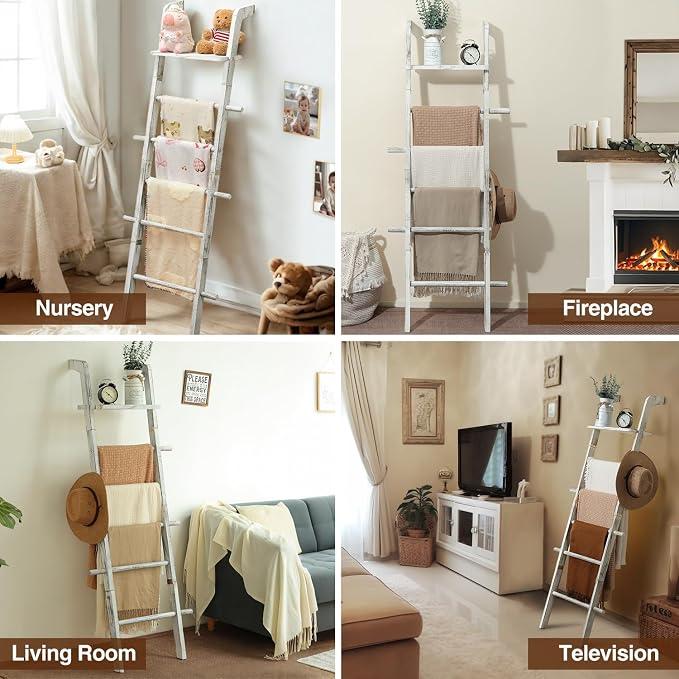 Taozun Wash White Blanket Ladder with Shelf for Living Room, Wall Leaning | 67-Inch Farmhouse Blanket Rack with 5 Pegs for Towels, Quilt and Throws, Wood Blanket Holder for Organization and Display