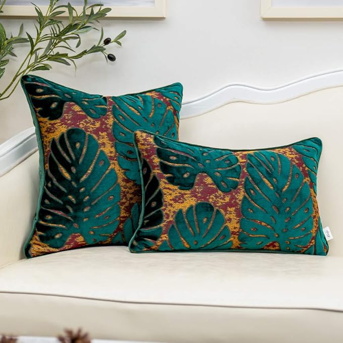 Alerfa 12 x 20 Inch Rectangle Leaf Pillow Embroidery Cut Velvet Cushion Case Luxury Modern Lumbar Throw Pillow Cover Decorative Pillow for Couch Sofa Living Room Bedroom Car, Teal Green