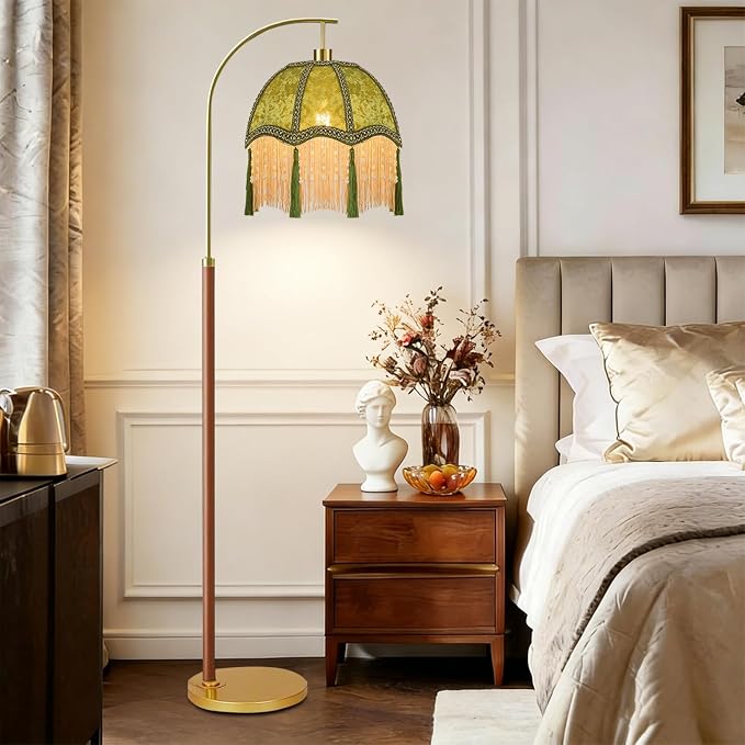 Wood Floor Lamps for Living Room Vintage Gold Floor Lamp with Remote Control & 3 Color Temperature,Dimmable Floor Lamp Mid Century Modern Standing Lamp Green Fringe Tall Floor Lamp for Bedroom Corner
