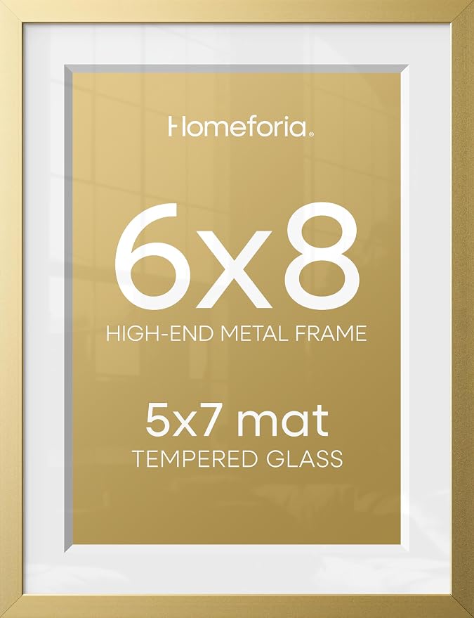 Homeforia 6x8 Gold Picture Frame, High-End Metal, 5x7 Mat, Glass