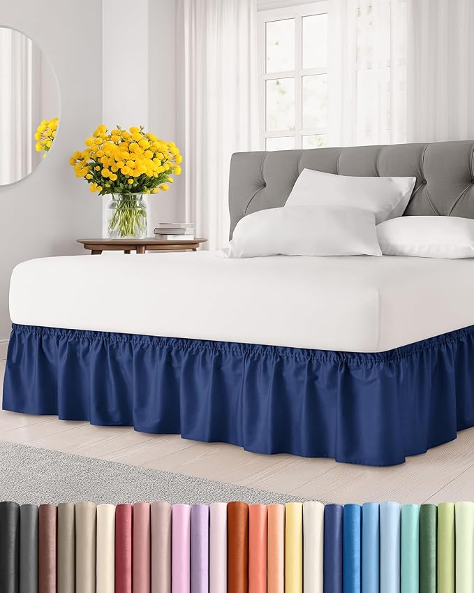 Wrap Around Dust Ruffle Bed Skirt, Queen Size - 14 Inch Drop, Navy Blue | Easy Fit Elastic Strap, Adjustable Pleated Bedskirt w/Brushed Fabric, Wrinkle & Fade Free, for Women, Men, Kids & Teens