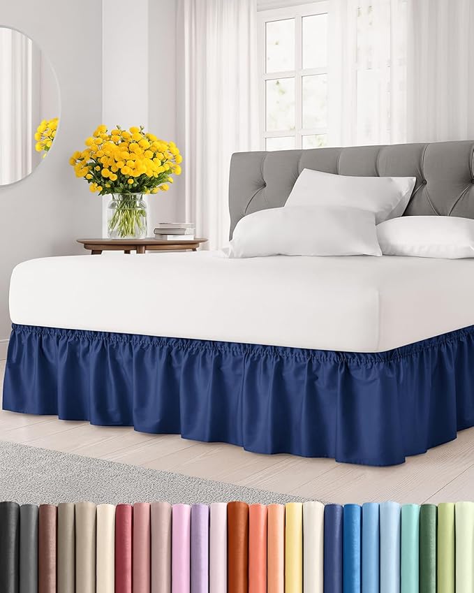 Wrap Around Dust Ruffle Bed Skirt - College Dorm Room - Twin/Twin XL | Navy Blue, 21 Inch Drop, Elastic Strap & Adjustable Pleated Bedskirt, Wrinkle Free, for Women, Men, Students, Kids & Teens