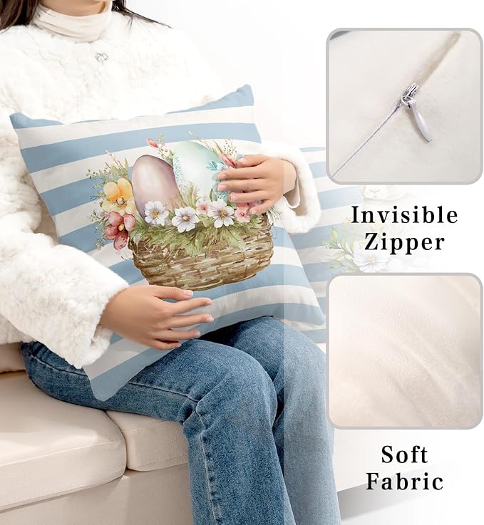 Spring Blue and White Stripes Easter Pillow Covers 24x24 Pack of 2 Egg Cute Rabbit Lovely Flowers Pillows Cases Holiday Warm Home Decor for Indoor Sofa Couch