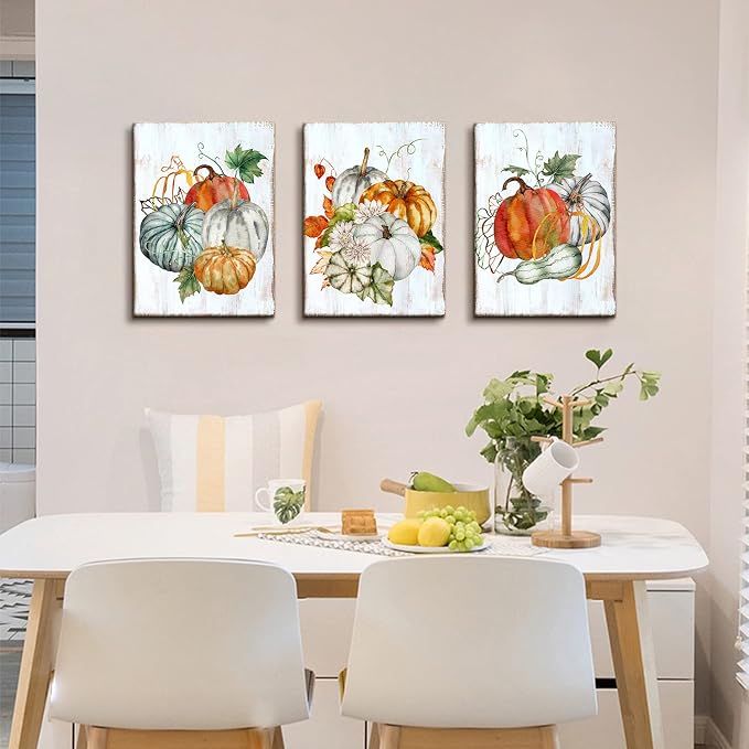 Large Pumpkins Wall Art Fall Decor Vintage Festival Wall Paintings Rustic Farmhouse Kitchen Decorations Autumn Maple Leaves Harvest Themed Wall Paintings Modern Halloween Posters Artworks 16x24" 3Pcs