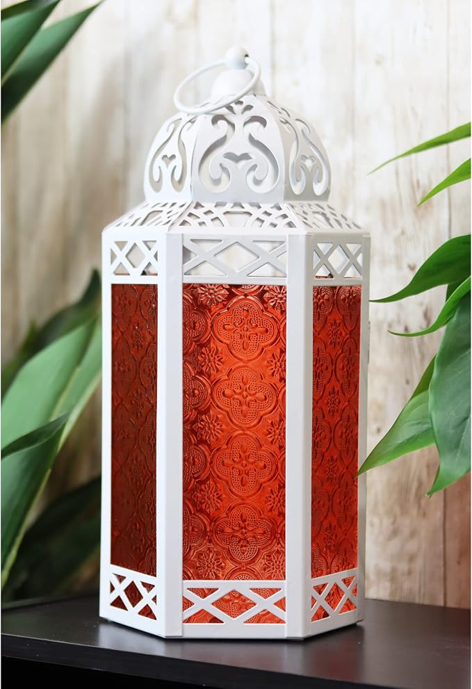 Vela Lanterns Decorative Indoor Candle Holder Table Centerpieces - Moroccan Hanging Outdoor Patio & Porch Home Decor, Turkish Lamp for Wedding, Ramadan (Large 12", White Red)