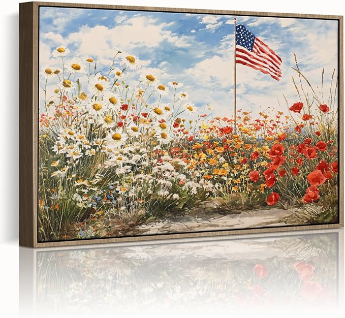 American Flag Framed Canvas Wall Art, 4th of July Patriotic Canvas Prints | Wildflower Landscape Poster Print, Vintage Rustic Independence Day Wall Decor for Bedroom Living Room Office 20×24in