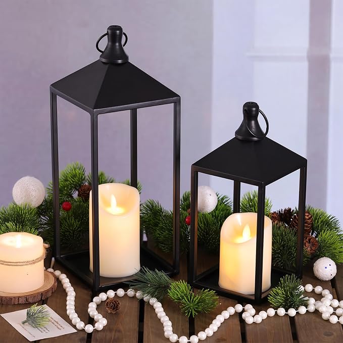 2 Pcs Black Decorative Metal Lanterns Farmhouse Lantern Decor with Candles | 15" 11" Outdoor Candle Lanterns for Covered Patio, Porch, Fireplace Mantel, Table Centerpiece, No Glass Lantern Decor