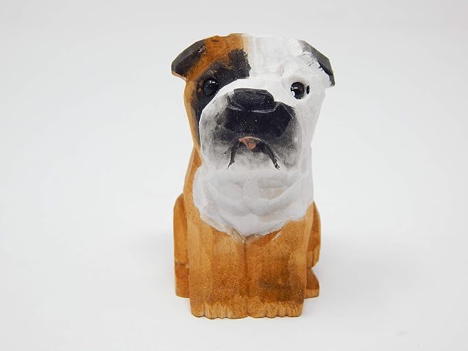 Selsela English Bulldog Wooden Figurine – Hand-Carved Miniature Puppy Dog Statue, Small Pet Canine Sculpture, Handmade Home Decor & Collectible Gift