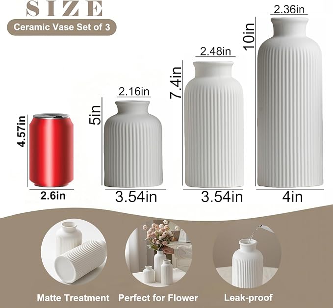 Large Modern Ceramic Vase Set, White Ribbed Matte Design, 10 Inch Tall, 4 Inch Width, 3-Piece Decorative Vases for Home, Living Room, Office (XL Matte Glaze White)