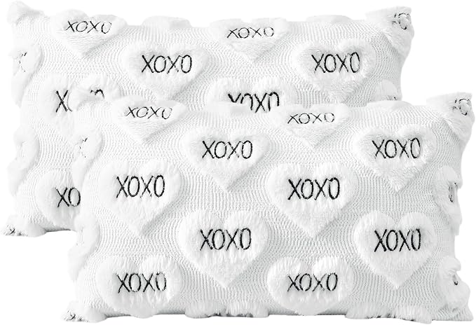 Artscope Valentines Pillow Covers 12x20 Set of 2 Decorative Love Heart XOXO Valentine's Day Throw Pillow Cases Soft Plush Faux Fur Couch Cushion Case for Holiday Sofa Bed Room Home Decor-White XOXO