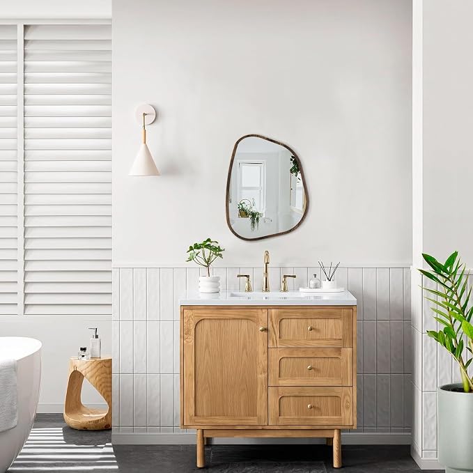 Asymmetrical Mirror Irregular Oval Wall Mirror Modern Wood Frame Unique Shape Wall Mounted Vanity Artistic Mirror Decorative for Living Room Bedroom Bathroom Entryway Hallway 14"x10"