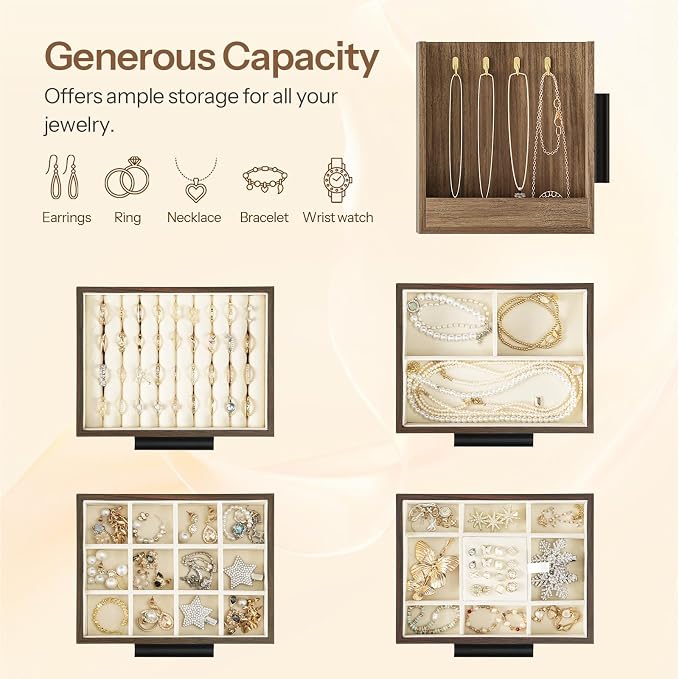 HOOBRO Jewelry Box for Women, Wooden Jewelry Organizer with Transparent Window, 4-Layer Jewelry Organizer Box, Jewelry Holder Organizer for Earrings, Necklaces, Rings, Light Walnut and Black BSD09JB04