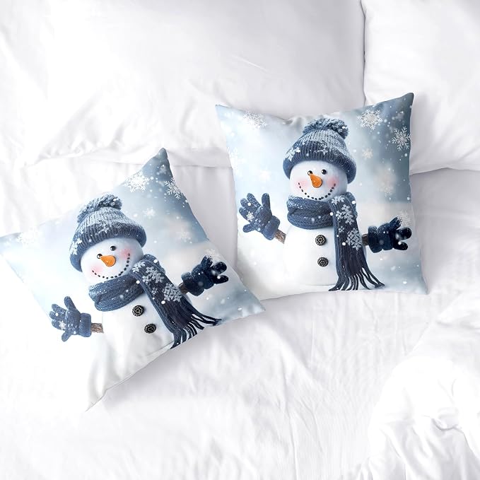 Snowman Pillow Covers 16x16 Set of 2 Winter Throw Pillow Cover Snowflake Pillowcase Simple Christmas Decor Cushion Covers Cotton Blend for Bed Sofa Living Room