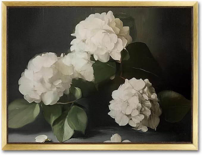 AIMAILON Gold Framed,White Hydrangea Blooming Retro Bohemian Style 12x16 | classic plant aesthetics, desktop decoration, easy to hang, versatile style