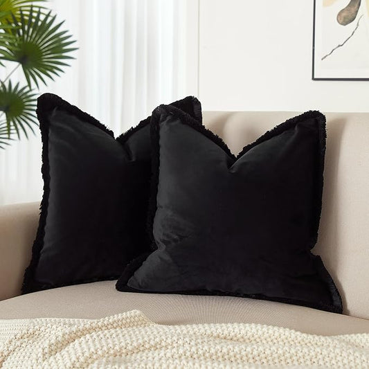 JUSPURBET Black Velvet Throw Pillow Covers 24x24 Inch Set of 2 with Soft Tassel Fringe Luxury Boho Pillowcase for Sofa Couch Bed Home Decor Machine Washable