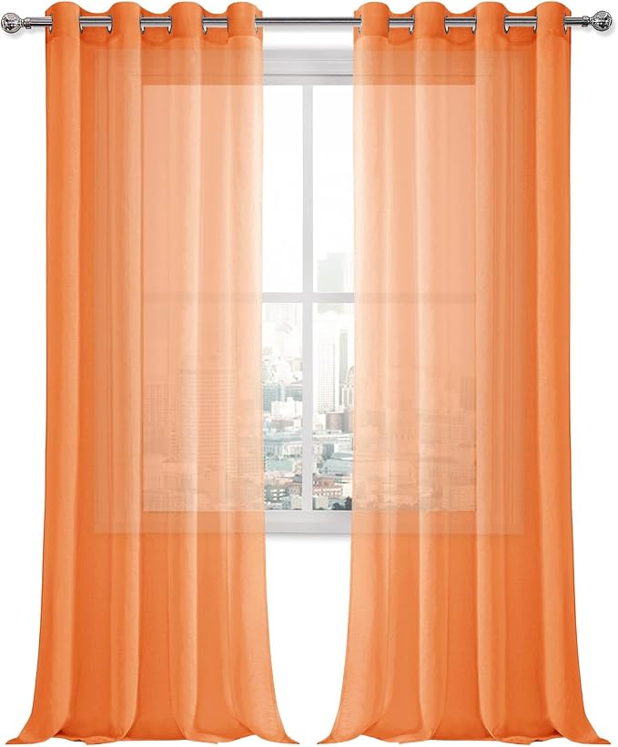 DWCN Sheer Curtains, Semi Sheer Grommet Window Curtains, Faux Linen Voile Sheer 108 Inches Curtains Drapes Treatment for Living Room Bedroom Set of 2 Panels 52 x 108 Inches Long, Sunset Orange