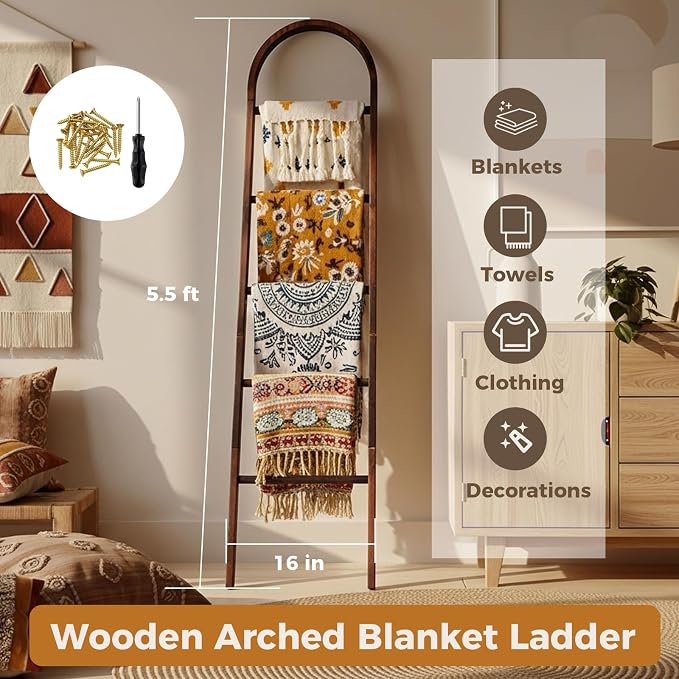 Sintuff Arched Wooden Blanket Ladder 5.5ft Leaning Rack, Brown | 5-tier Natural Wood, Farmhouse Decor Shelf for Bedroom Bathroom, Leaning Design for Throw Blankets and Towels Holder Storage