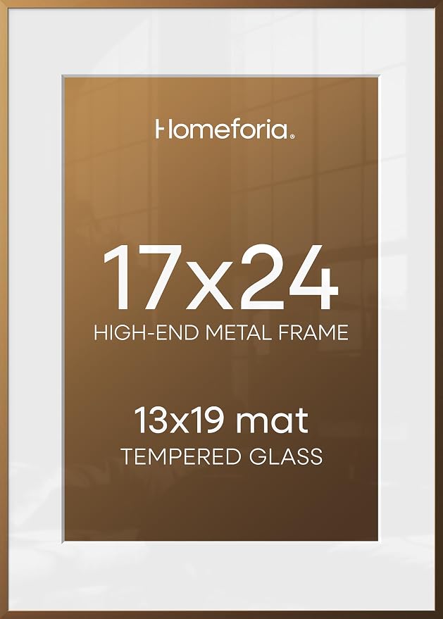 Homeforia 17x24 Bronze Picture Frame, High-End Metal, 13x19 Mat, Glass