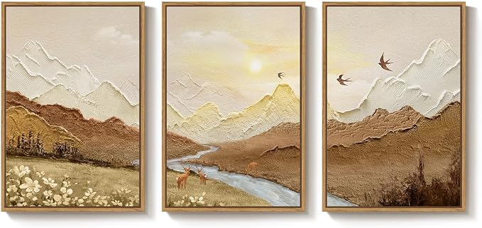 Framed Brown Abstract Mountain Wall Art for Living Room, 3 Piece, 24x36 In | Landscape, Neutral, Sunset scenic, Nature, River, Deer bird print, Minimalist, Rustic, Bedroom decor, Home office, Hallway
