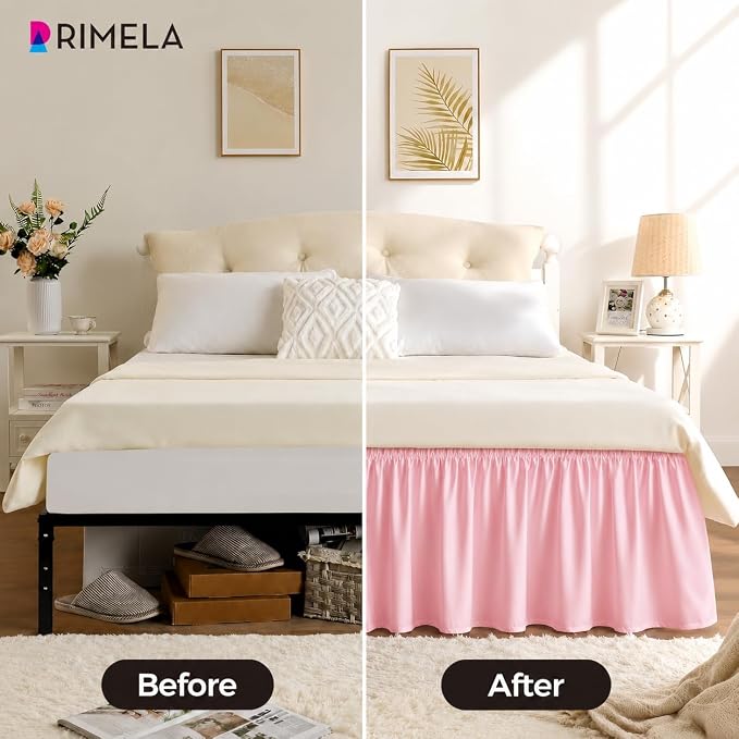 Pink Bed Skirt Full Size 15 Inch Drop, Elastic Wrap Around Bedskirt | Solid Ruffled, Easy to Use, No Mattress Lifting, Wrinkle & Fade Resistant, with Adhesive Strips, Machine Wash/Dry/Iron