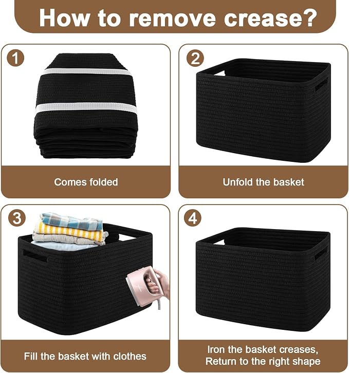 OIASKET 4Packs Natural Cotton Rope Storage Baskets for Organizing Toys, Clothes, Towels & Books, Soft Versatile Organizers for Shelves, Home Decorative Bins, 13''Lx9''Wx7.8''H, Black