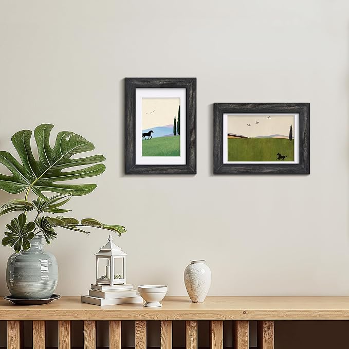 Egofine 4x6 Picture Frames Set of 4, Made of Solid Wood Covered by Plexiglass 3x4.5 and 3.5x5 with Mat or 4x6 without Mat, for Table Top Display and Wall Mounting Photo Frame, Driftwood Black