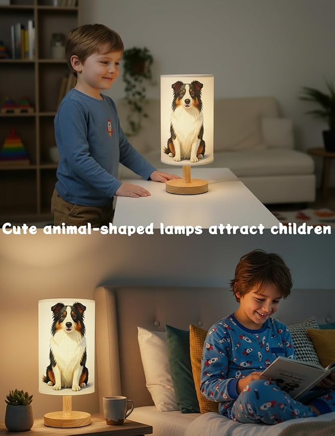 Dog Lamp, Animal Lamp 3 Colors Nightstand Light Lamp, Round Wood Base Flaxen Fabric Desk Lampfor Kids Room, Dog Night Light Gift for Kids (LED Bulb Included) (Dog)