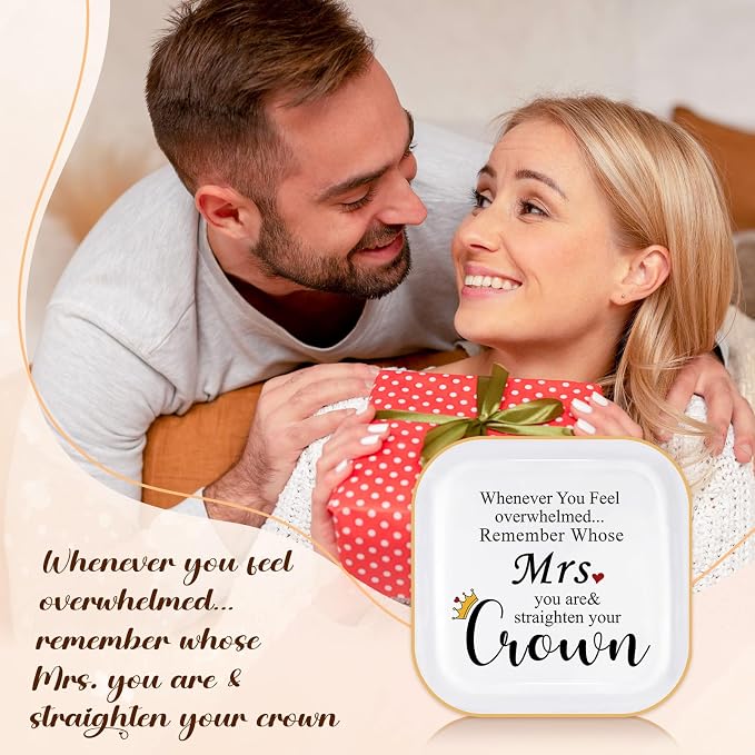 PUDDING CABIN Mothers Day Gifts for Wife Mrs. Jewelry Dish - Remember Whose Mrs. you are & Straighten Your Crown - Engagement Wedding Ring Holder Jewelry Tray, Anniversary Birthday Gift for Wife