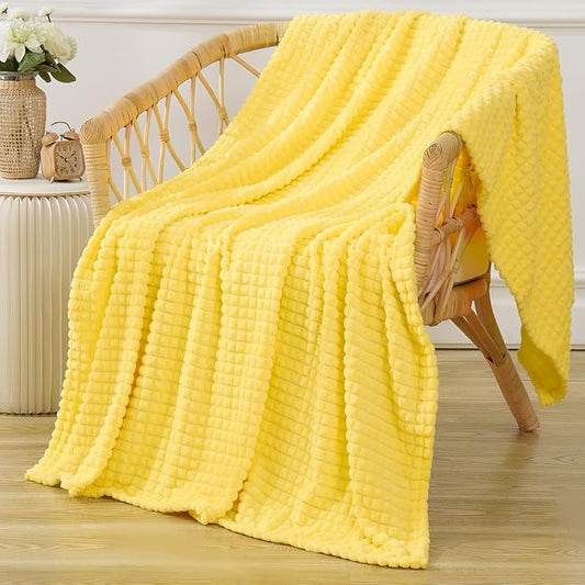 Puncuntex Fleece Throw Blanket Bright Yellow 50"×60"with Square Grid Design | Super Soft Plush Cozy Flannel Throw Blanket Luxury for Couch Sofa Chair