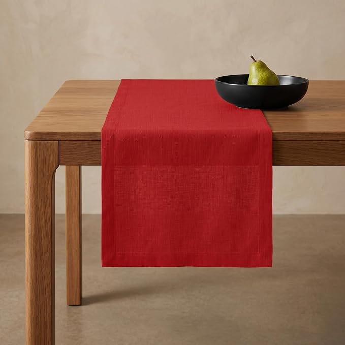 Solino Home 100% Pure Linen Dining Table Runner Red Woven, Fete 14 x 60 in | brings a tailored look to family meals and hosting, European flax fibres, naturally breathable, Red, soft, OEKO-TEX Certified