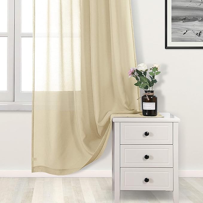 Beige Sheer Curtains 60x84 Inch Grommet Linen Look Set of 2 Panels