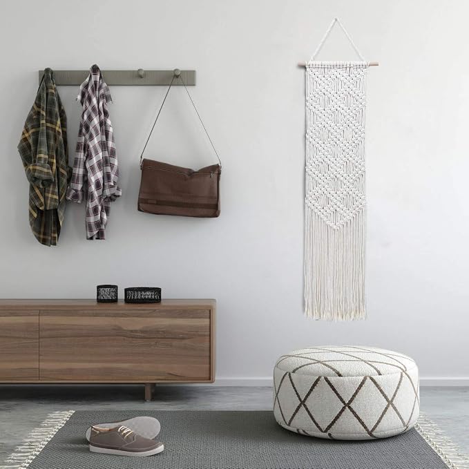 Ebristar Macrame Wall Hanging - Boho Chic Handmade Woven Tapestry - Modern Rustic Wall Art Home Decor - Apartment Dorm Bedroom Nursery Wall Decoration, 10" W x 39" L - Off-White