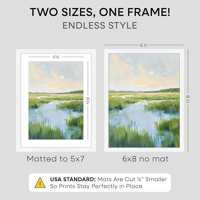 Homeforia 6x8 White Picture Frame, High-End Metal, 5x7 Mat, Glass