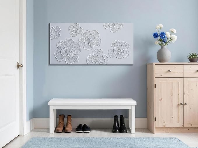 Arjun Flower Canvas Wall Art Hand Painted Framed Living Room Bedroom Decor | Textured Painting Elegant Modern White Floral Minimalism Picture for Home Office Wall Décor Large 40"x20" Horizontal Vertical