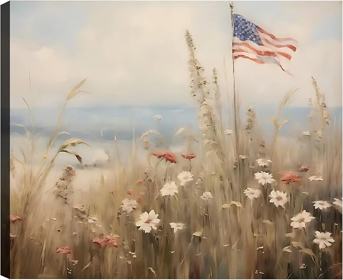 Framed American Flag Wildflower Field Wall Art, Patriotic Rustic Canvas Art Pictures, USA Flag Coastal Meadow Wall Decor, Made in USA Ready to Hang for Living Room Bedroom