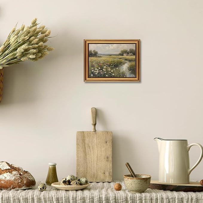 Vintage Gold Framed 3D Textured Wall Art Country Wildflower Field River Wall Decor Picture Summer Farmhouse Nature Rustic Cottagecore Landscape Poster Print for Gallery Home Decoration 9x11in