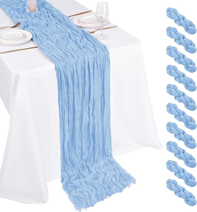 10 Pack Light Blue Cheesecloth Table Runner 17x108 Inch Boho Gauze Cheese Cloth Table Runners for Wedding Party Baby Shower Birthday Home Decor