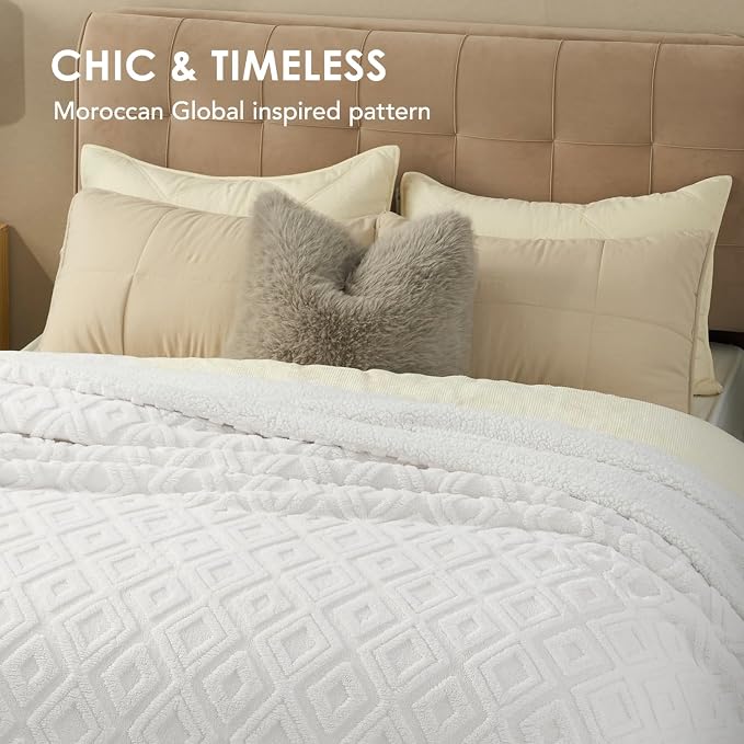 EverGrace Jacquard Reversible Sherpa Throw Blanket, 90" x 90", Off White | Jacquard Sherpa Throw Blanket, Super Soft, Cozy Plush Blanket, Reversible Thick Warm Throw for Bed, Sofa, Living Room