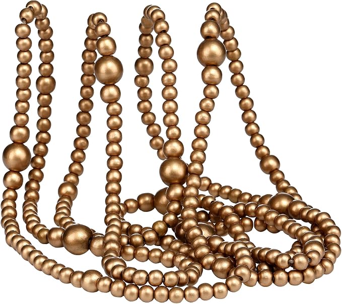 12 Feet Summer Christmas Wooden Beads Garland Round Craft Farmhouse Vintage Christmas in July Wood Bead Garlands for Xmas Supplies(Gold)