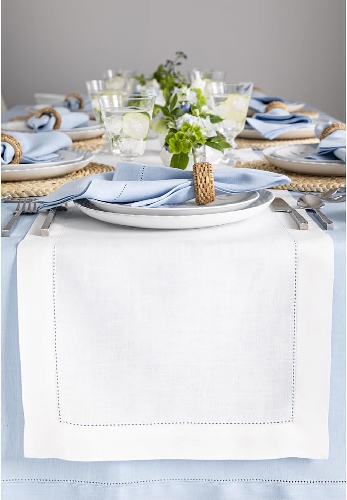 Solino Home 100% Linen Table Runner White, Classic Hemstitch 14 x 144 in | dresses up dining tables for everyday meals, hemstitched border, mitered corners, machine washable, soft, OEKO-TEX Certified