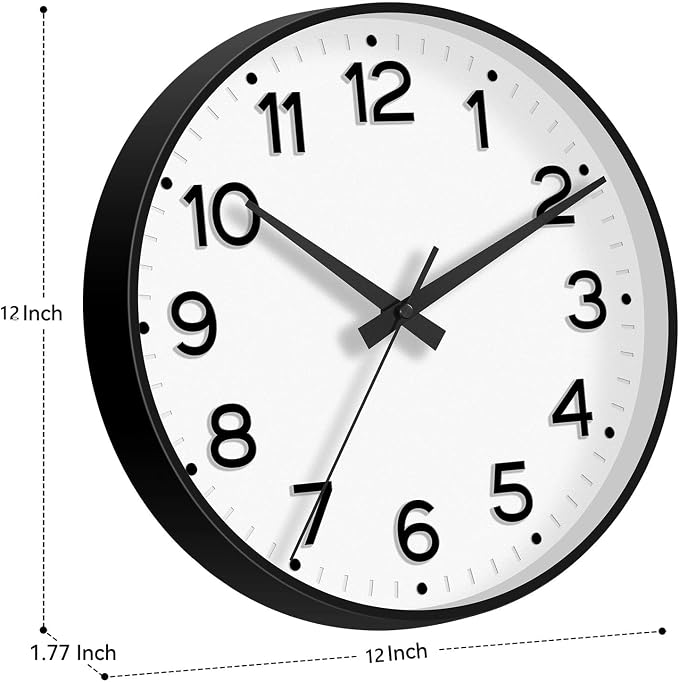 Roymnie 12 Inch Wall Clock Battery Operated Silent Non Ticking Analog | Black modern analog; large 3D easy-read dial for kitchen, office, bathroom & bedroom; 1 AA battery (not included)