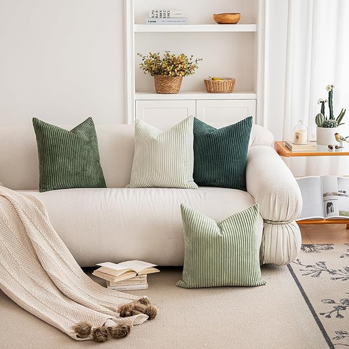LANANAS Decorative Corduroy Throw Pillow Covers 18x18 Inch Forest Green | Set of 4 Neutral Couch Farmhouse Boho Throw Pillows for Living Room, Couch, Bed, Sofa Soft Accent Home Decor