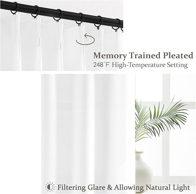 108 Inch White Linen Semi Sheer Curtains for Living Room 2 Panels Set, 9Ft Luxury Farmhouse Style Pinch Pleated Curtains Light Filtering Privacy Floor to Ceiling Track Drapes with Hooks Rings