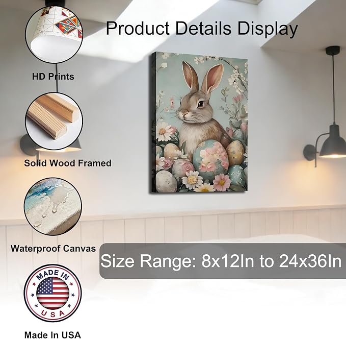 RIBNTAK Large Vintage Easter Bunny Eggs Wall Art, Colorful Rabbit Canvas Prints Wall Decor for Bedroom,Bathroom, Bar, Office Classic, Rabbit Pictures Artwork & Farmhouse Easter Decor