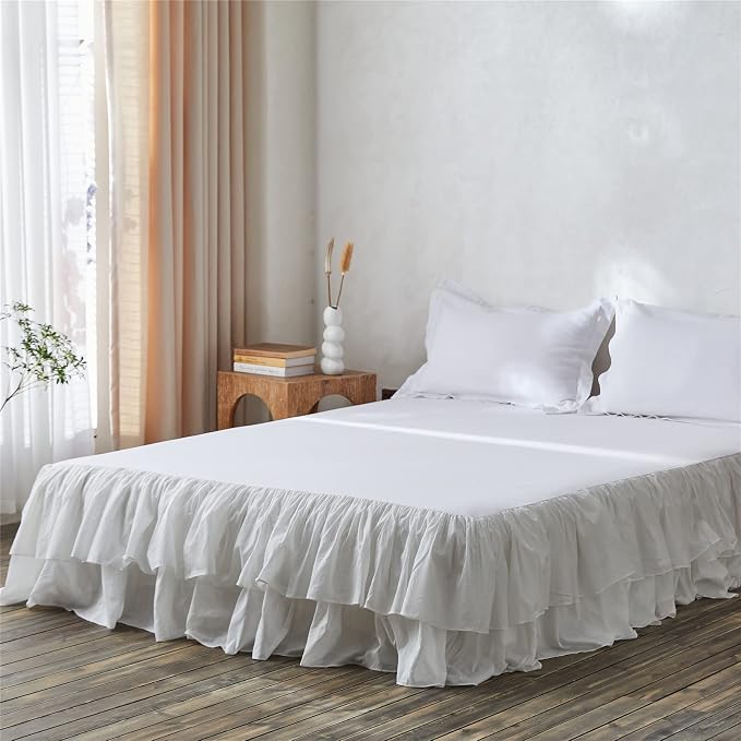 BISELINA White Ruffled Bed Skirt 22-Inch Tailored Drop Cotton Voile Dust Ruffle Soft Cozy Elegant Luxurious Bedding (22" King, White)