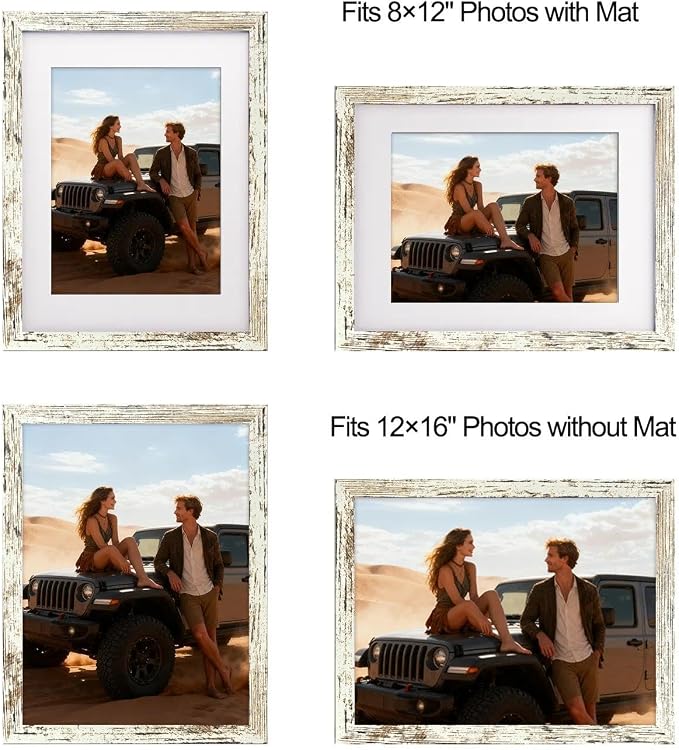 12x16 Picture Frame-Vintage White,8x12 Mat,Tempered Glass,Engineered Wood